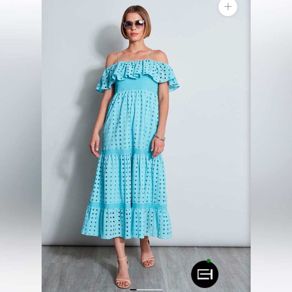 NWT Tahari Sky Blue Eyelet Ruffle Maxi Dress